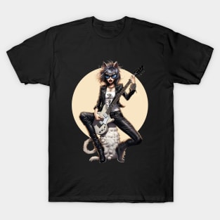 Cat Lady Rockstar: Black & White Comic-inspired Cartoon Music T-Shirt